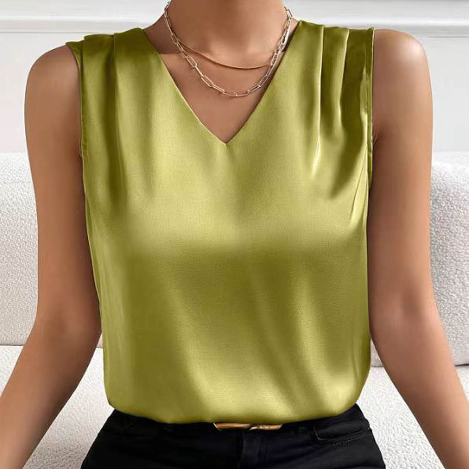 thumbnail image 2 of Top sin mangas de satén con cuello en V para mujer, para el verano, blusa informal transpirable de poliéster de color liso, 2 of 6